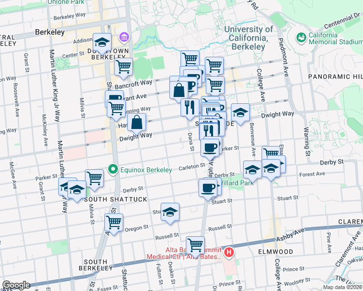 map of restaurants, bars, coffee shops, grocery stores, and more near 2315 Parker Street in Berkeley