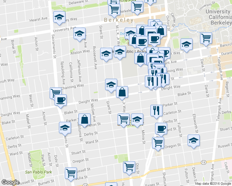 map of restaurants, bars, coffee shops, grocery stores, and more near 1860 Dwight Way in Berkeley