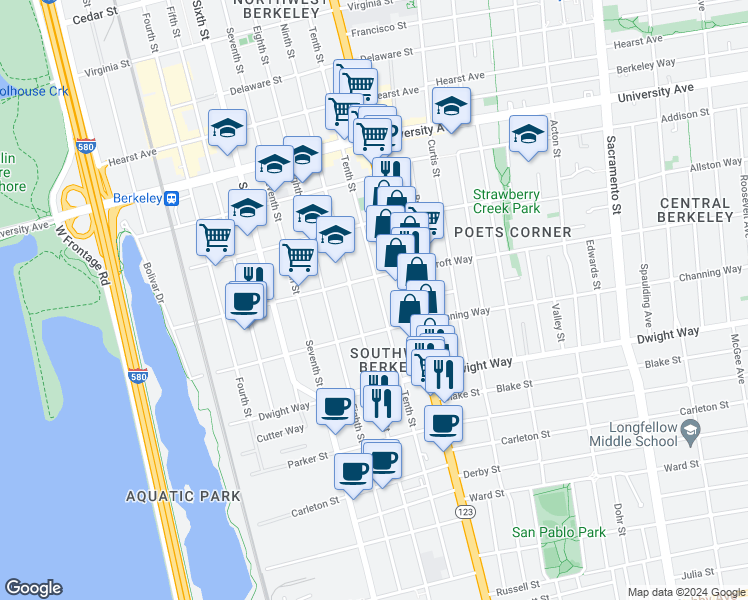 map of restaurants, bars, coffee shops, grocery stores, and more near 2334 Tenth Street in Berkeley