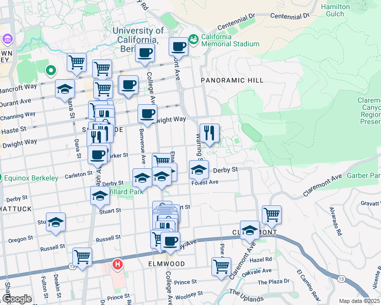 map of restaurants, bars, coffee shops, grocery stores, and more near 2611 Piedmont Avenue in Berkeley