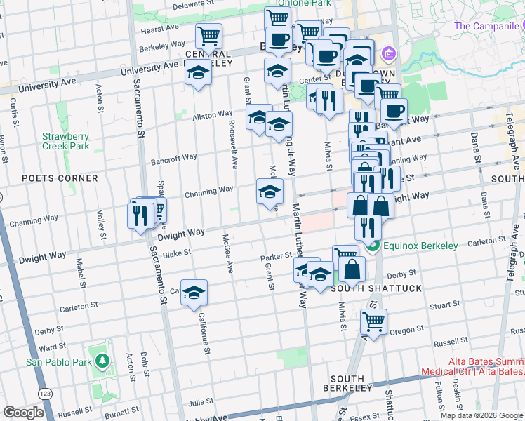 map of restaurants, bars, coffee shops, grocery stores, and more near 2435 Grant Street in Berkeley