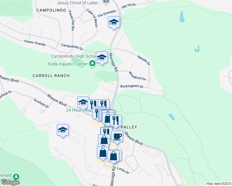 map of restaurants, bars, coffee shops, grocery stores, and more near Moraga Road in Contra Costa County