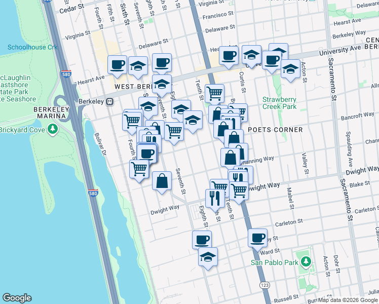 map of restaurants, bars, coffee shops, grocery stores, and more near 2323 Eighth Street in Berkeley