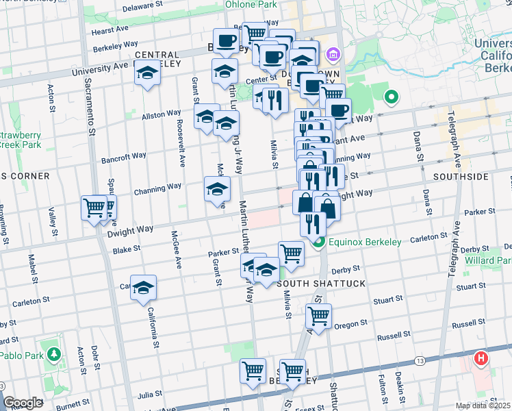 map of restaurants, bars, coffee shops, grocery stores, and more near 2500 Milvia Street in Berkeley