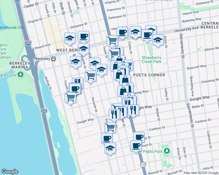 map of restaurants, bars, coffee shops, grocery stores, and more near 2334 Tenth Street in Berkeley