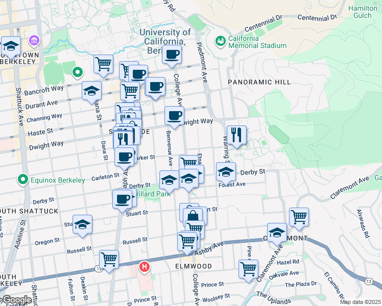 map of restaurants, bars, coffee shops, grocery stores, and more near 2626 Etna Street in Berkeley