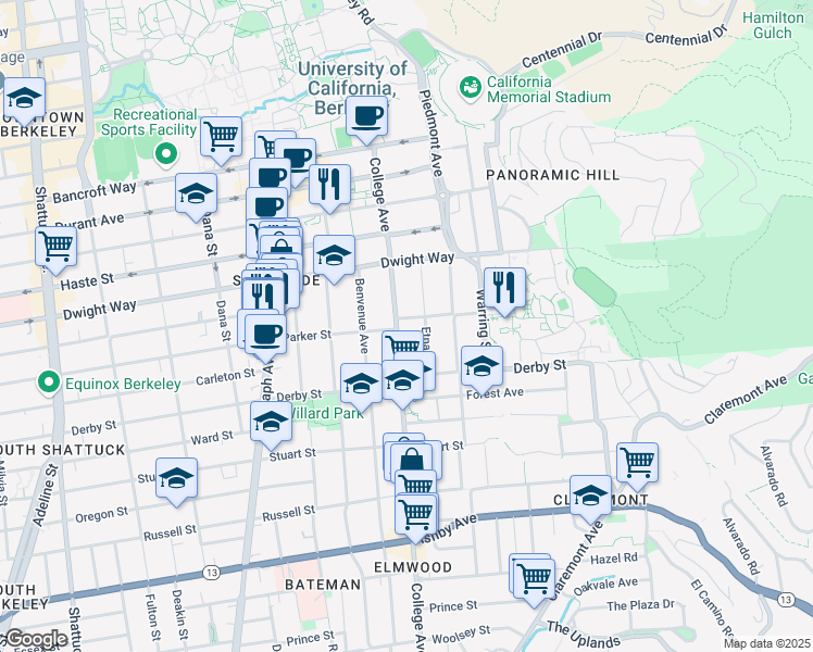 map of restaurants, bars, coffee shops, grocery stores, and more near 2601 College Avenue in Berkeley