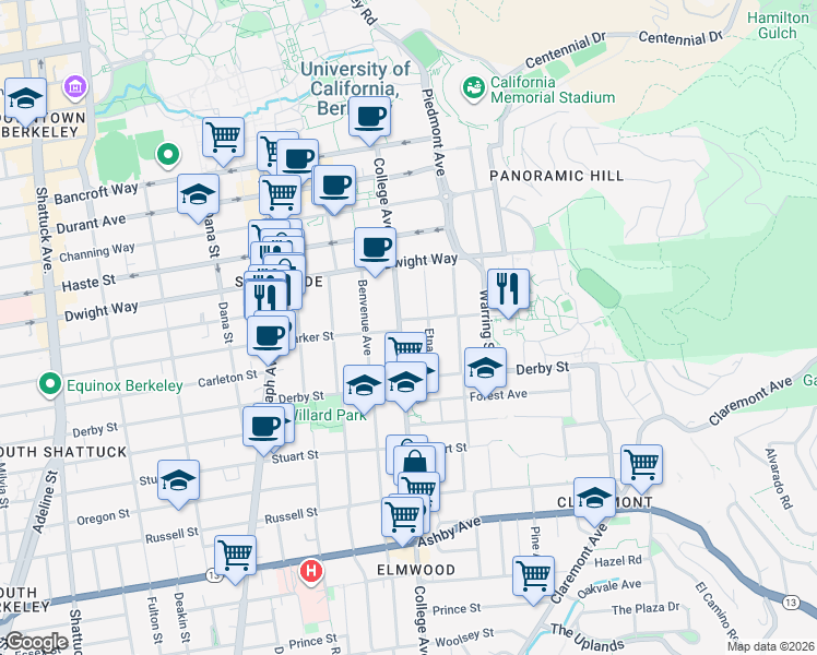 map of restaurants, bars, coffee shops, grocery stores, and more near 2601 College Avenue in Berkeley