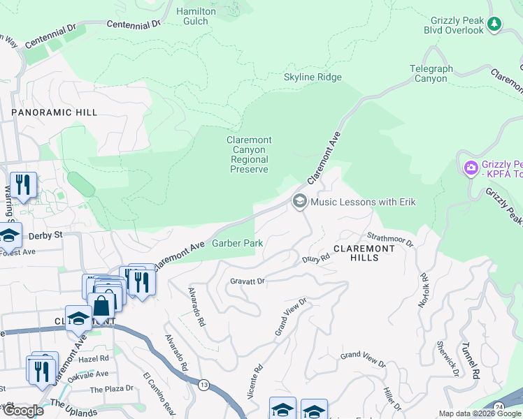 map of restaurants, bars, coffee shops, grocery stores, and more near 7723 Claremont Avenue in Berkeley