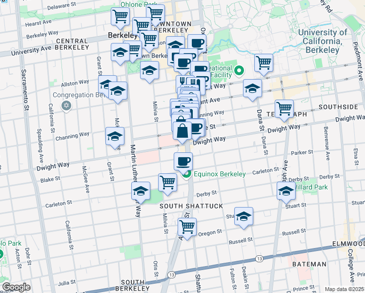 map of restaurants, bars, coffee shops, grocery stores, and more near 2430 Shattuck Avenue in Berkeley