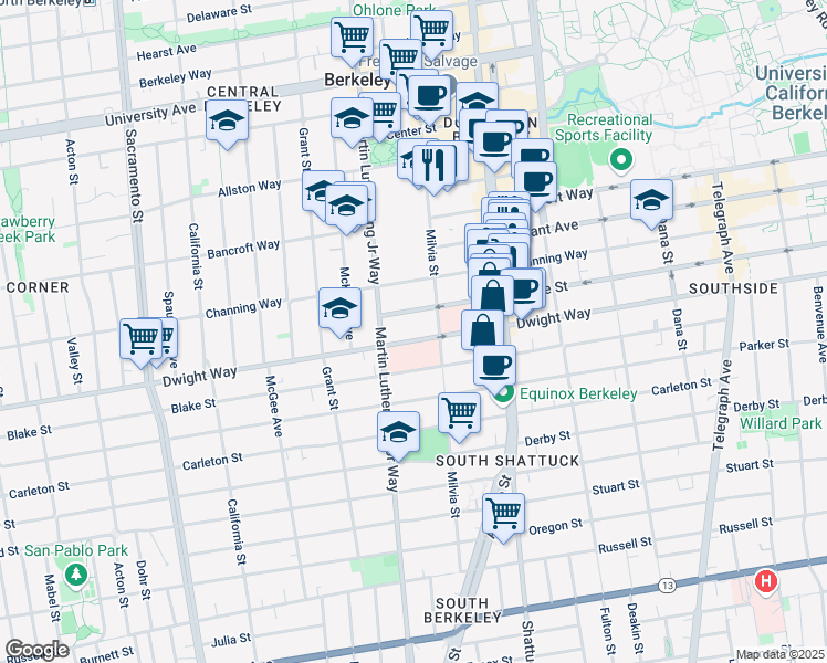 map of restaurants, bars, coffee shops, grocery stores, and more near 1927 Haste Street in Berkeley