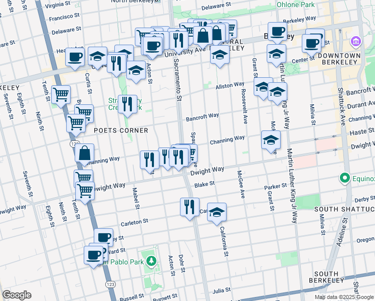 map of restaurants, bars, coffee shops, grocery stores, and more near 2340 Sacramento Street in Berkeley