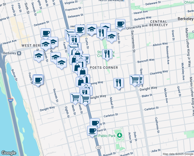 map of restaurants, bars, coffee shops, grocery stores, and more near 2311 Browning Street in Berkeley