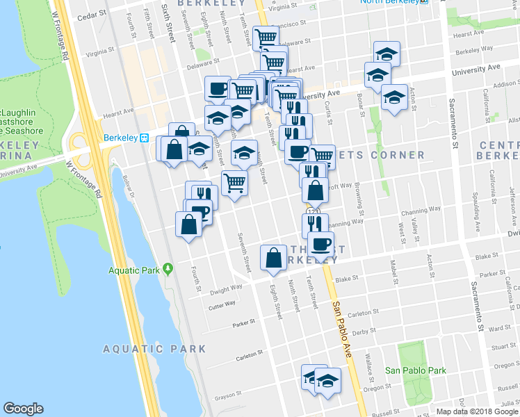 map of restaurants, bars, coffee shops, grocery stores, and more near 2240 Ninth Street in Berkeley
