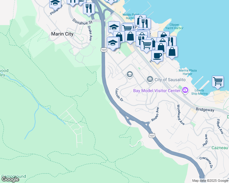 map of restaurants, bars, coffee shops, grocery stores, and more near 66 Lincoln Drive in Sausalito
