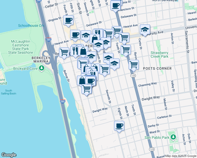 map of restaurants, bars, coffee shops, grocery stores, and more near in Berkeley