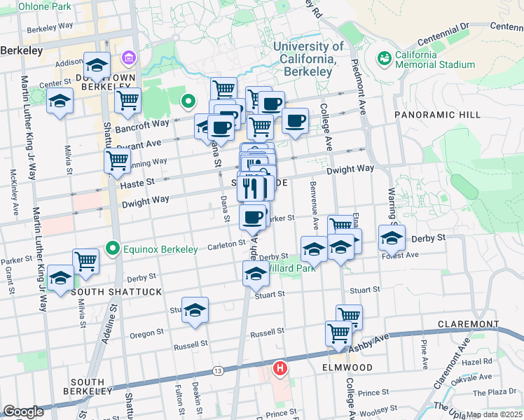 map of restaurants, bars, coffee shops, grocery stores, and more near in Oakland