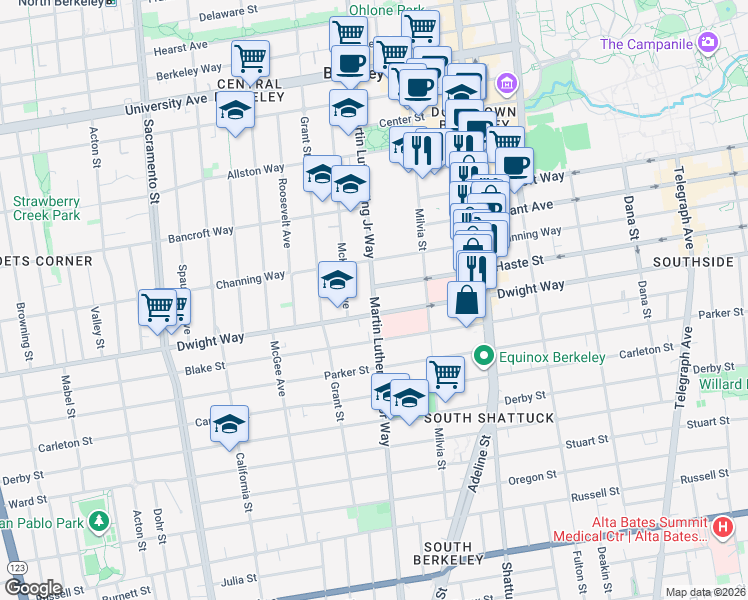 map of restaurants, bars, coffee shops, grocery stores, and more near 2438 Martin Luther King Junior Way in Berkeley