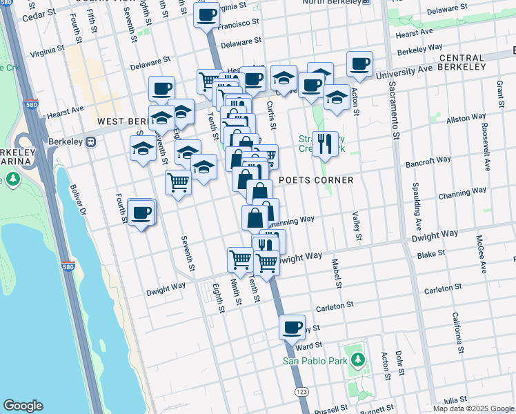 map of restaurants, bars, coffee shops, grocery stores, and more near in Berkeley