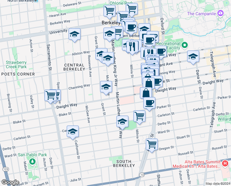 map of restaurants, bars, coffee shops, grocery stores, and more near 2438 Martin Luther King Junior Way in Berkeley