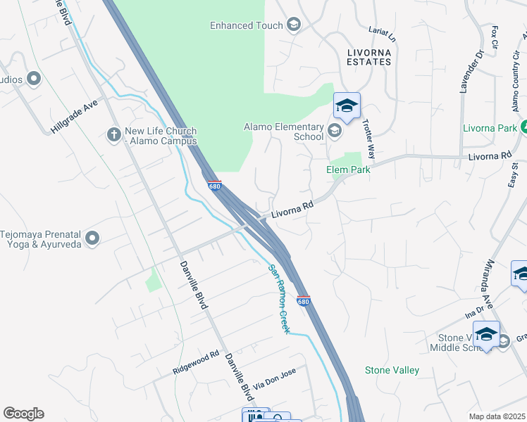 map of restaurants, bars, coffee shops, grocery stores, and more near 136 Sugarloaf Court in Alamo