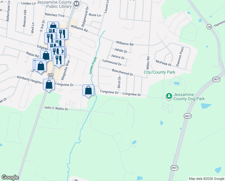 map of restaurants, bars, coffee shops, grocery stores, and more near 114 Woodlawn Court in Nicholasville