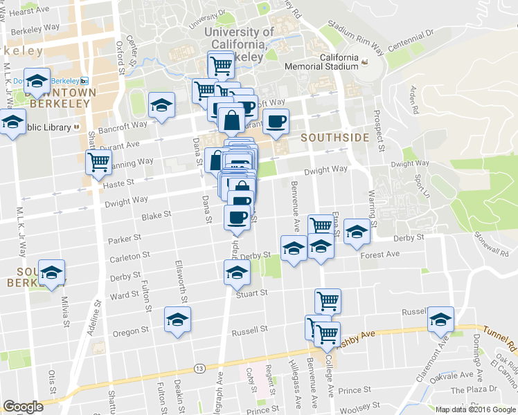 map of restaurants, bars, coffee shops, grocery stores, and more near 2517 Regent Street in Berkeley