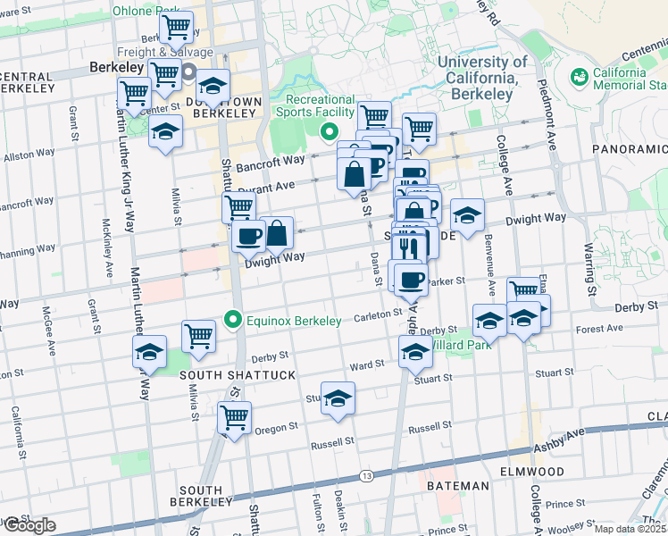 map of restaurants, bars, coffee shops, grocery stores, and more near 2324 Dwight Way in Berkeley