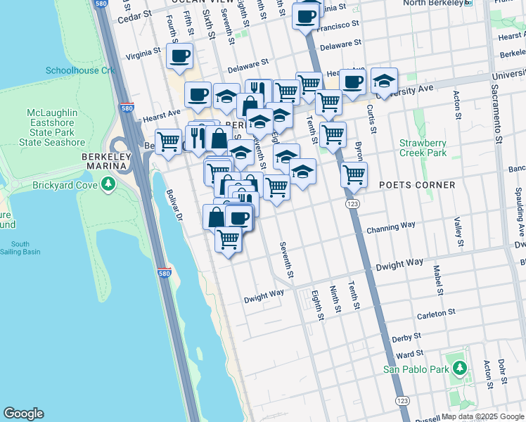 map of restaurants, bars, coffee shops, grocery stores, and more near in Berkeley