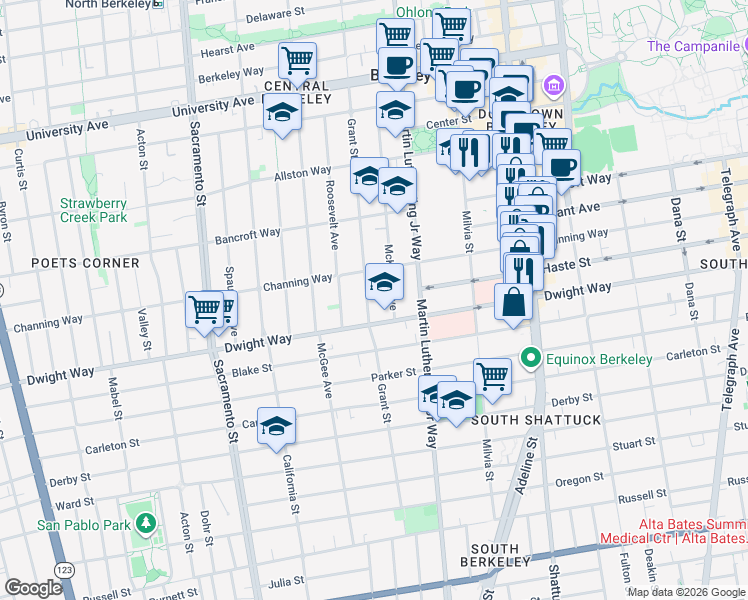 map of restaurants, bars, coffee shops, grocery stores, and more near 2425 Grant Street in Berkeley