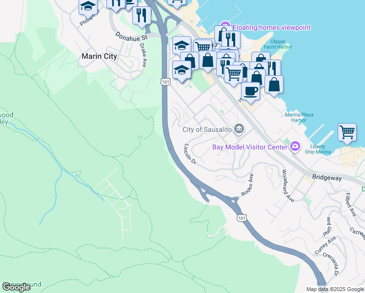 map of restaurants, bars, coffee shops, grocery stores, and more near 78 Lincoln Drive in Sausalito