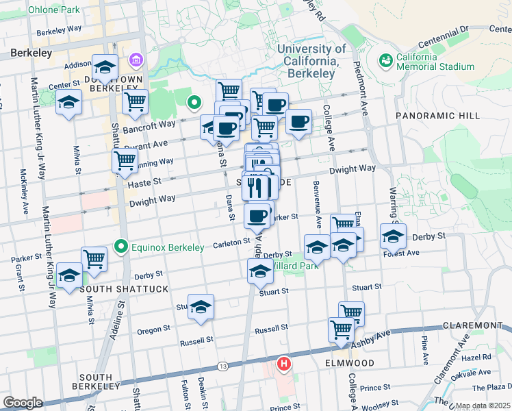 map of restaurants, bars, coffee shops, grocery stores, and more near in Oakland
