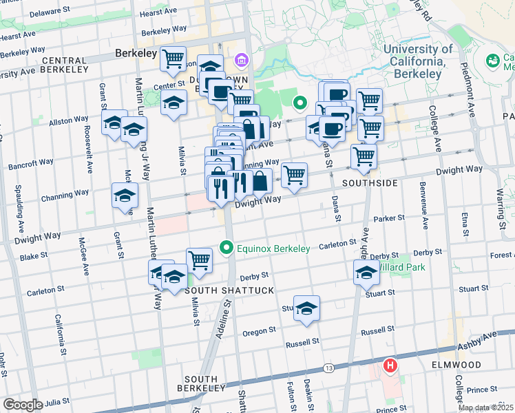 map of restaurants, bars, coffee shops, grocery stores, and more near 2201 Dwight Way in Berkeley
