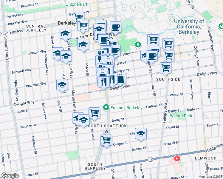 map of restaurants, bars, coffee shops, grocery stores, and more near 2122 Dwight Way in Berkeley