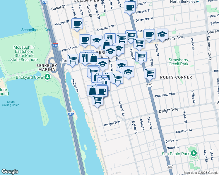 map of restaurants, bars, coffee shops, grocery stores, and more near in Berkeley