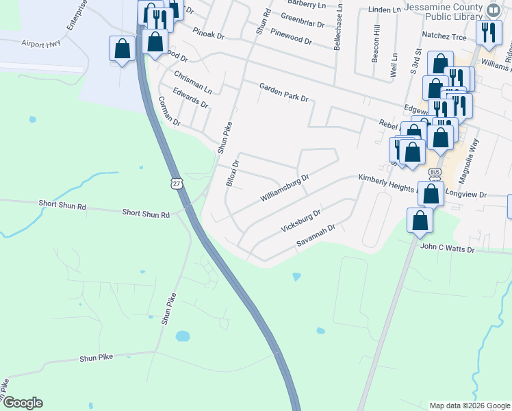 map of restaurants, bars, coffee shops, grocery stores, and more near 268 Williamsburg Drive in Nicholasville