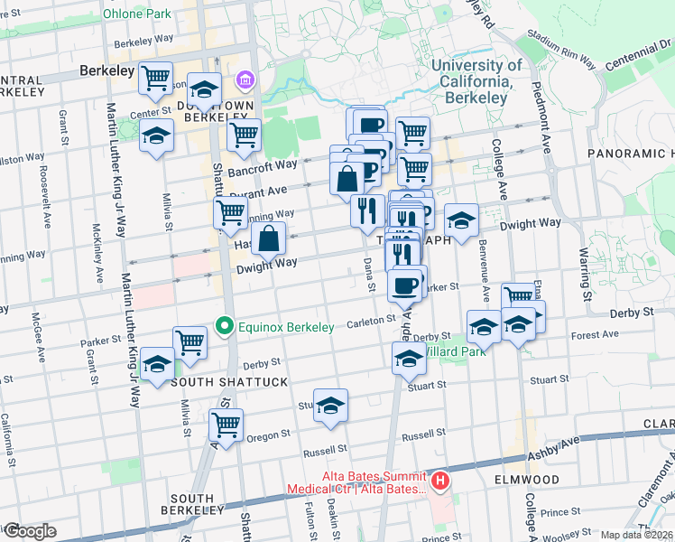 map of restaurants, bars, coffee shops, grocery stores, and more near 2324 Dwight Way in Berkeley