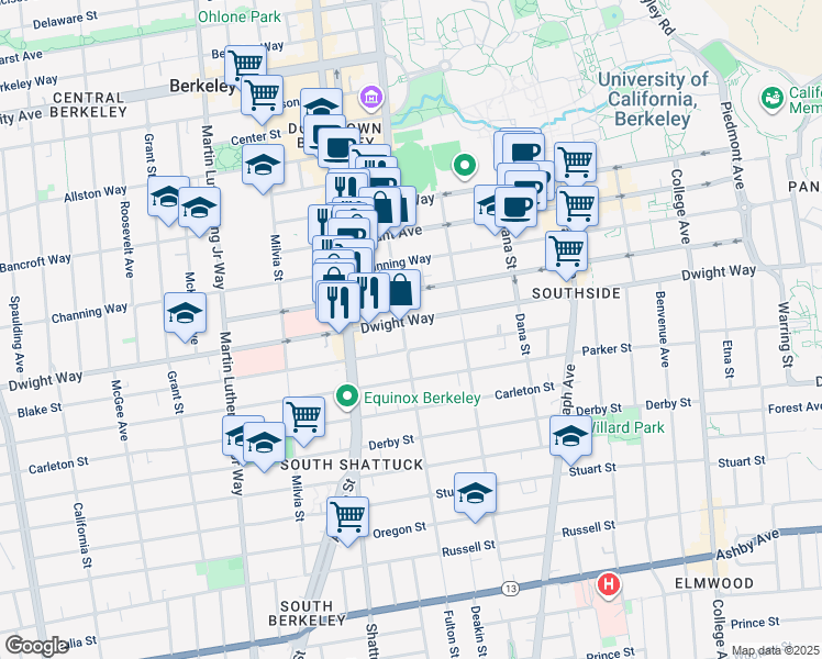 map of restaurants, bars, coffee shops, grocery stores, and more near 2201 Dwight Way in Berkeley