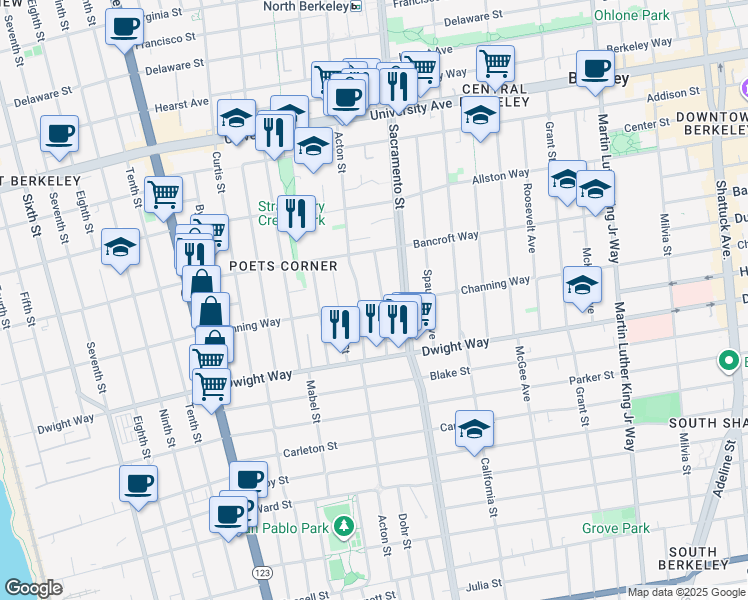map of restaurants, bars, coffee shops, grocery stores, and more near 2331 Acton Street in Berkeley