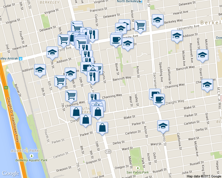 map of restaurants, bars, coffee shops, grocery stores, and more near 2311 Browning Street in Berkeley