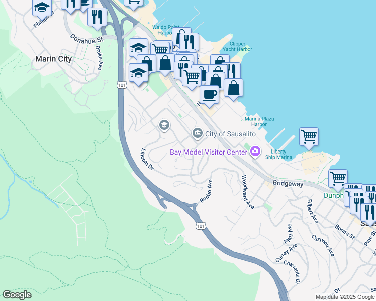 map of restaurants, bars, coffee shops, grocery stores, and more near 618 Wateree Street in Sausalito