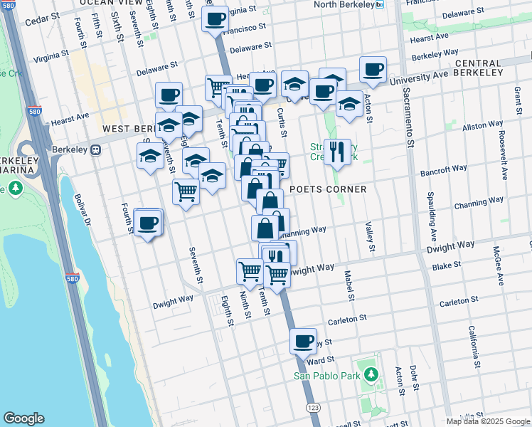 map of restaurants, bars, coffee shops, grocery stores, and more near in Berkeley