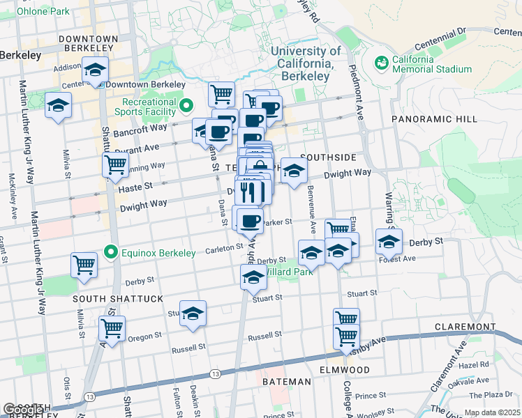 map of restaurants, bars, coffee shops, grocery stores, and more near 2565 Telegraph Avenue in Berkeley