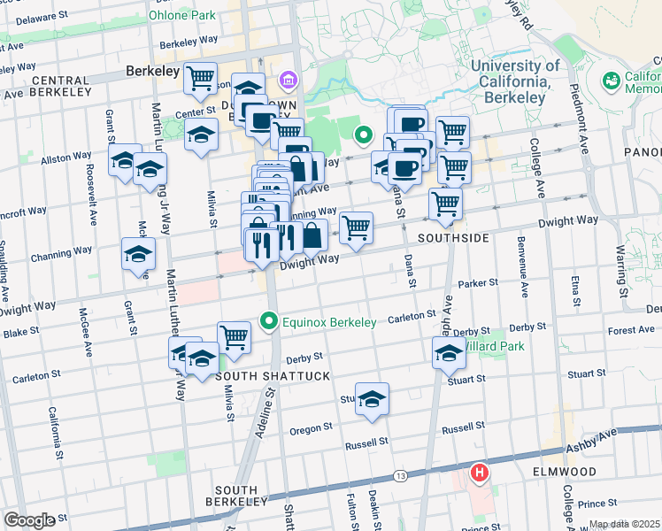 map of restaurants, bars, coffee shops, grocery stores, and more near 2201 Dwight Way in Berkeley