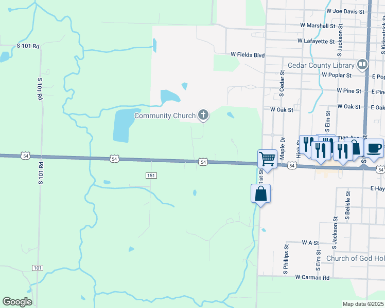 map of restaurants, bars, coffee shops, grocery stores, and more near 2450 Great Oaks in El Dorado Springs