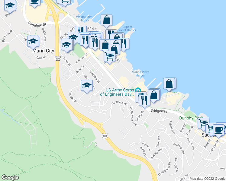 map of restaurants, bars, coffee shops, grocery stores, and more near 18 Marin Avenue in Sausalito