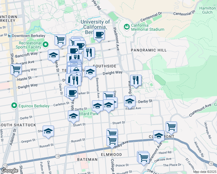 map of restaurants, bars, coffee shops, grocery stores, and more near 2532 Etna Street in Berkeley