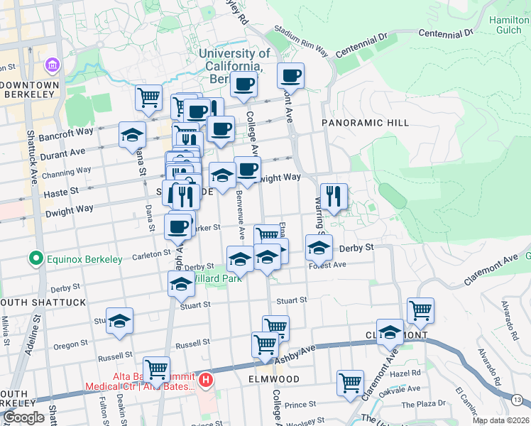 map of restaurants, bars, coffee shops, grocery stores, and more near 2532 Etna Street in Berkeley