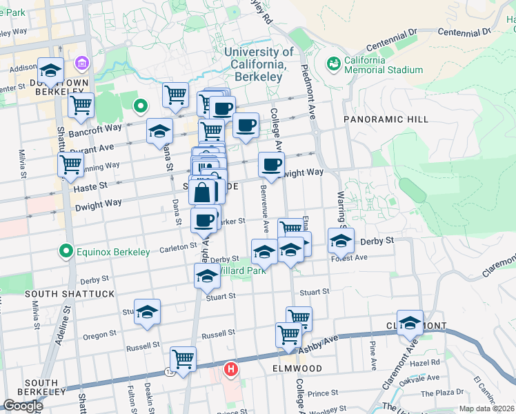 map of restaurants, bars, coffee shops, grocery stores, and more near 1601 Allston Way in Berkeley