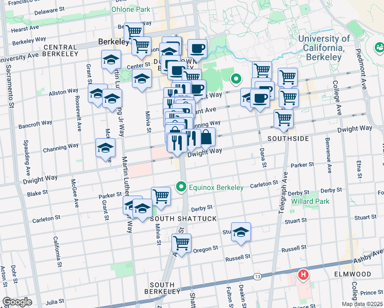 map of restaurants, bars, coffee shops, grocery stores, and more near 2133 Dwight Way in Berkeley